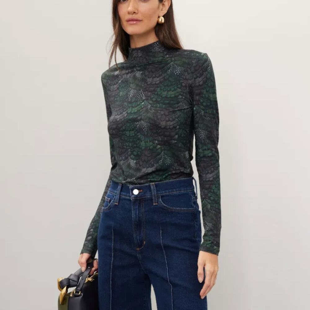 Scotch & Soda Blue Green Mockneck Top LARGE Work Cotton Snakeskin Python $80